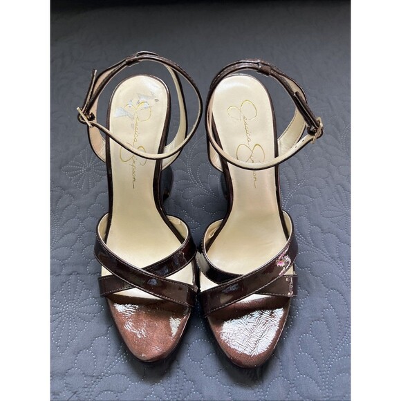 Jessica Simpson OJILLY Patent High Wedge Dress Square Open Toe Sandal SZ 9 Chic - Picture 1 of 11